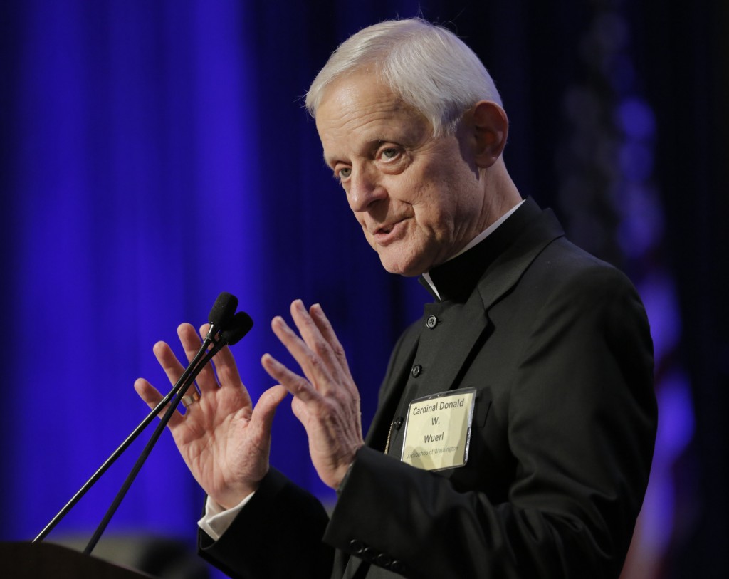 Washington Cardinal Donald W. Wuerl speaks during the 2015 fall general assembly of the U.S. Conference of Catholic Bishops in Baltimore Nov. 17. The cardinal spoke  about the completion of the central dome in the upper church of the of the Basilica of the National Shrine of the Immaculate Conception in Washington. (CNS photo/Bob Roller) See BISHOPS- Nov. 17, 2015.